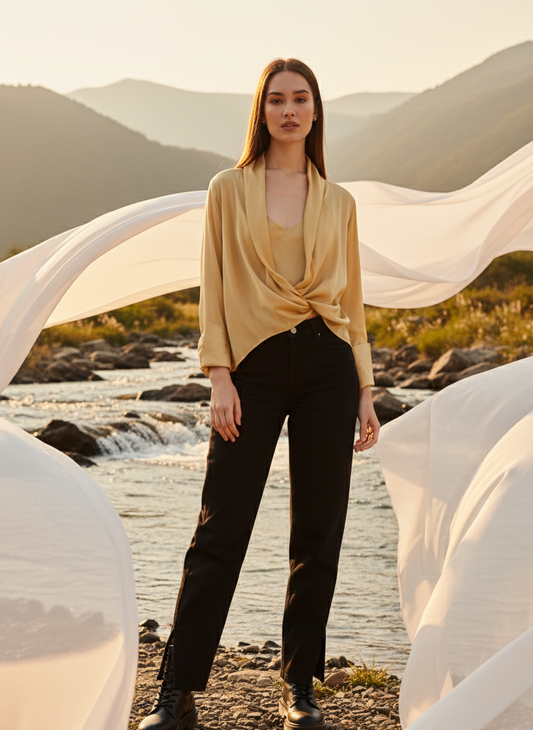 Close-up of cuff foil detail on gold wrap top in rose fabric, refined finish Moon N Lotus