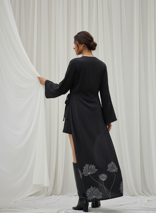 High Low Kimono Wrap I Rose Fabric I Black I Floral Foil | Moon N Lotus