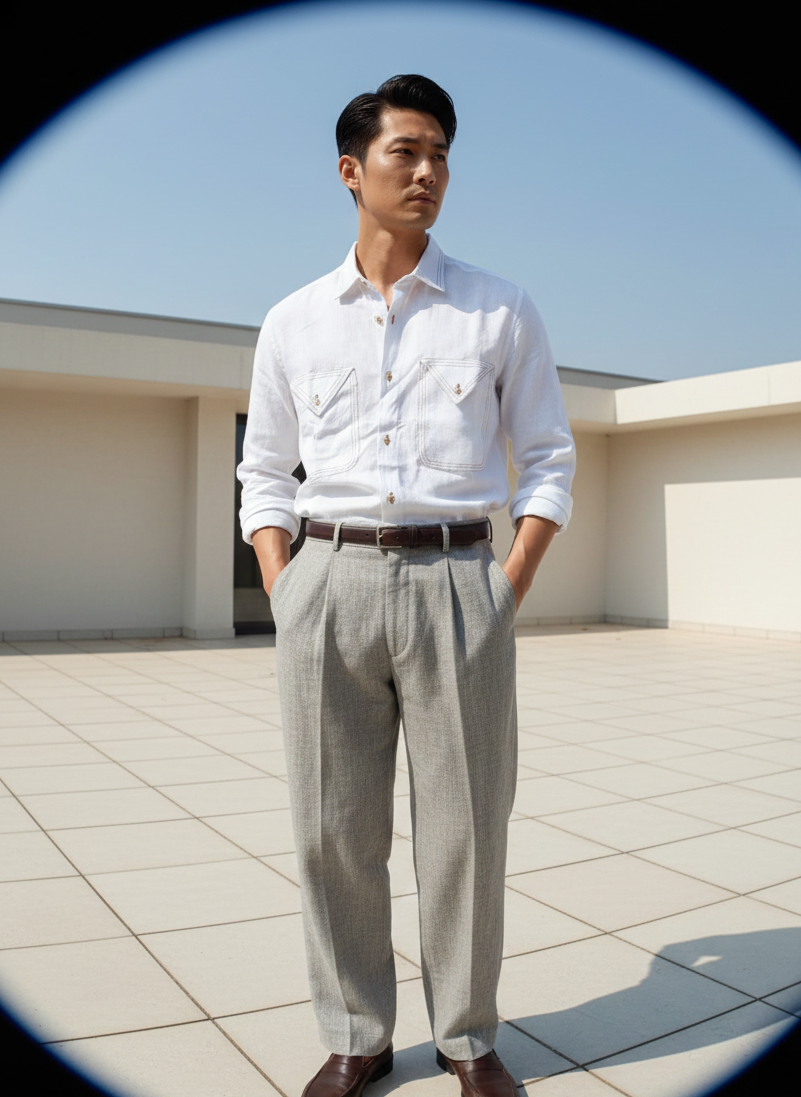 Man wearing a white shirt and gray pants standing on a rooftop with a clear blue sky.