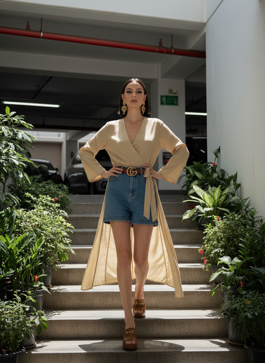 High Low Kimono Wrap I Rose Fabric I Gold I Moon N Lotus