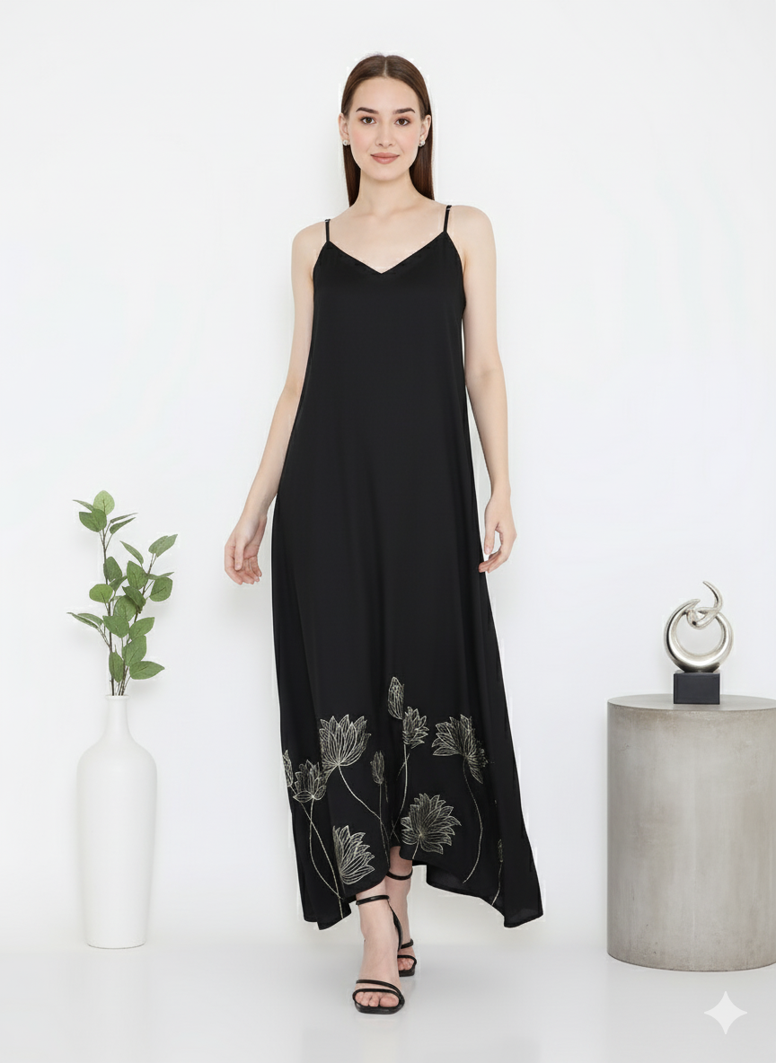 Slip Dress I Rose Fabric I Black I Floral Foil | Moon N Lotus