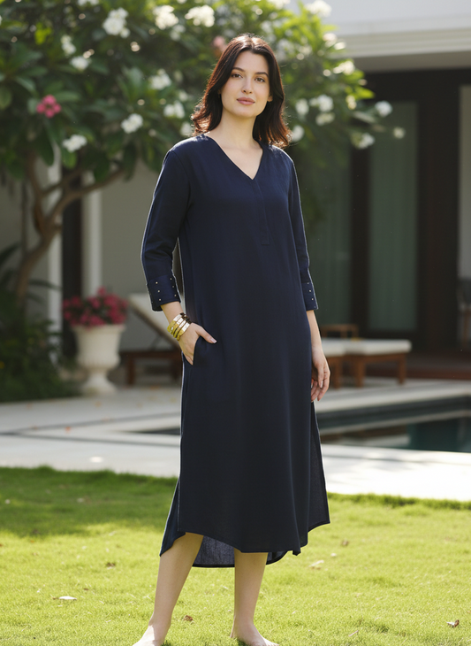 Bamboo fabric on navy kurta dress, ultra-soft breathable material Moon N Lotus