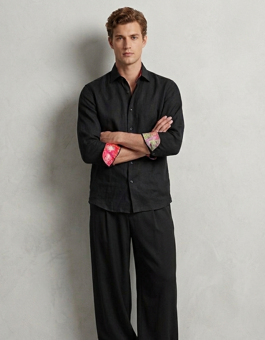 Black collared shirt in bamboo fabric by Moon N Lotus, soft breathable lightweight shirt for men