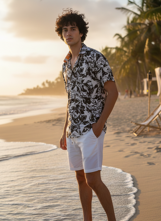 Black and grey Hawaiian shirt for men in rose fabric, soft breathable summer shirt by Moon N Lotus