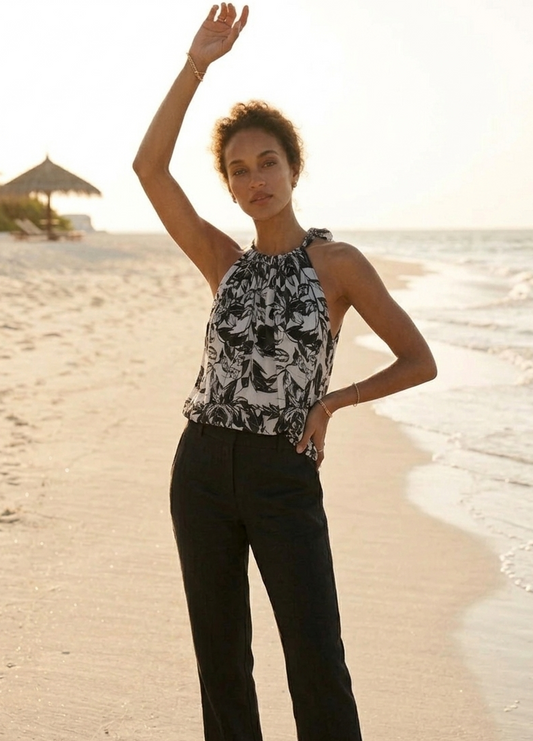 Black short Hawaiian dress in orange fabric by Moon N Lotus, lightweight breathable summer dress perfect for beach and vacation wear