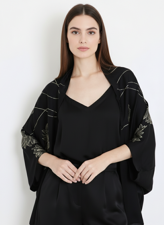 Front view of black shrug for women, lightweight zero waste design Moon N Lotus