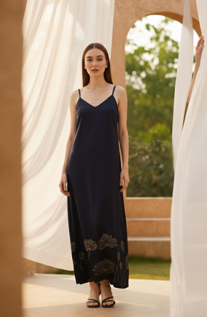 Elegant navy slip dress for women, minimal luxury outfit for occasion wear Moon N Lotus