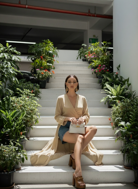 Close-up of floral foil detail on gold kimono wrap in rose fabric, refined shimmer design Moon N Lotus