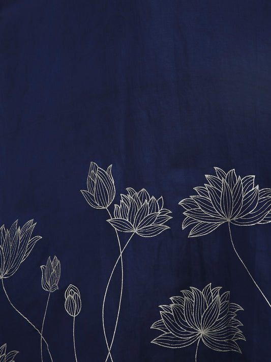 Close-up of floral foil detailing on navy slip dress, elegant subtle shine Moon N Lotus