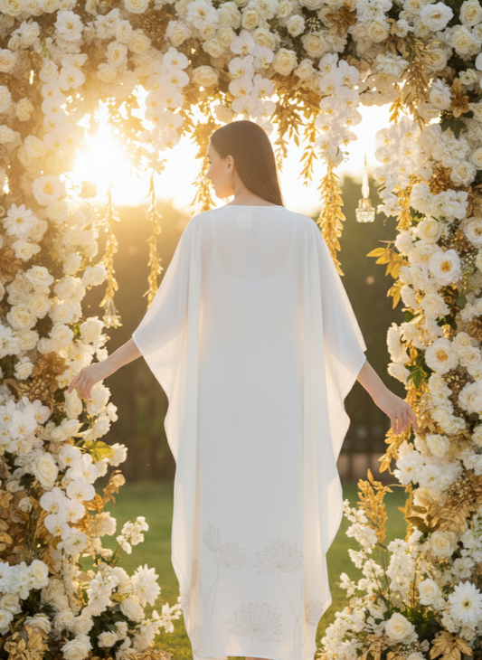 Close-up of floral foil detailing on white kaftan, soft elegant shine Moon N Lotus