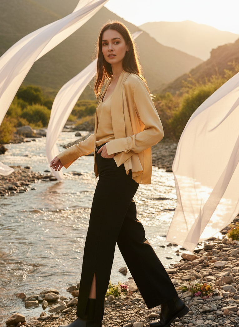 Gold wrap top styled for evening and festive wear, lightweight rose fabric Moon N Lotus