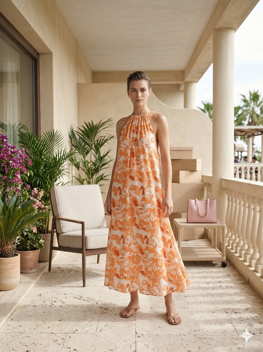 Close-up of orange and grey Hawaiian dress, lightweight tropical fabric Moon N Lotus