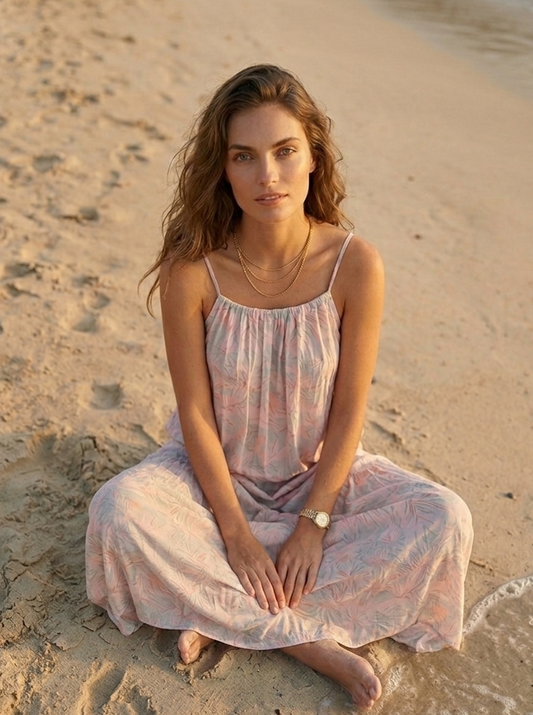 Close-up of pink and grey print on orange fabric, long Hawaiian dress detail