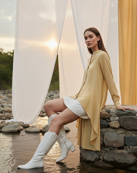 Close-up of high low hem detail on gold shirt in corn fabric, modern flowing silhouette Moon N Lotus