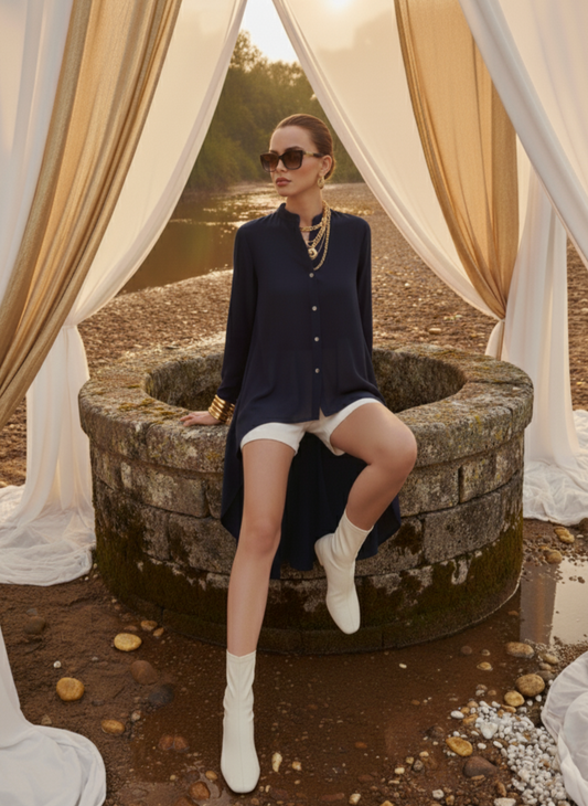 Close-up of high low hem detail on navy shirt in corn fabric, modern flowing silhouette Moon N Lotus