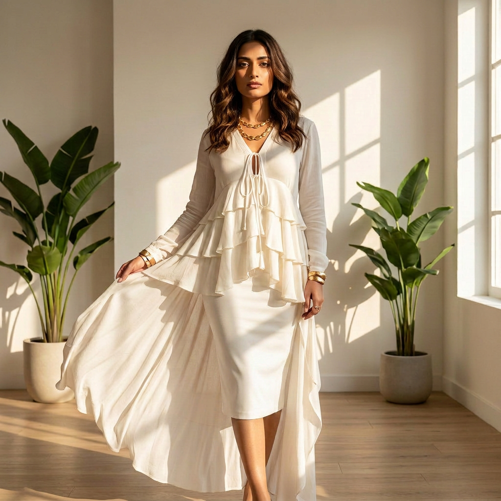 Front view of high low frill top for women, flattering asymmetrical silhouette Moon N Lotus