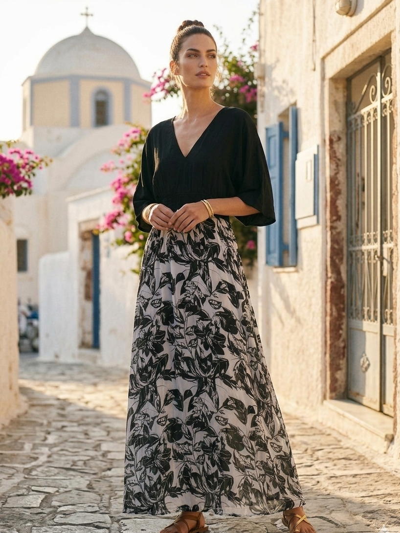 Orange kimono dress with black and grey print by Moon N Lotus, flowy lightweight statement silhouette