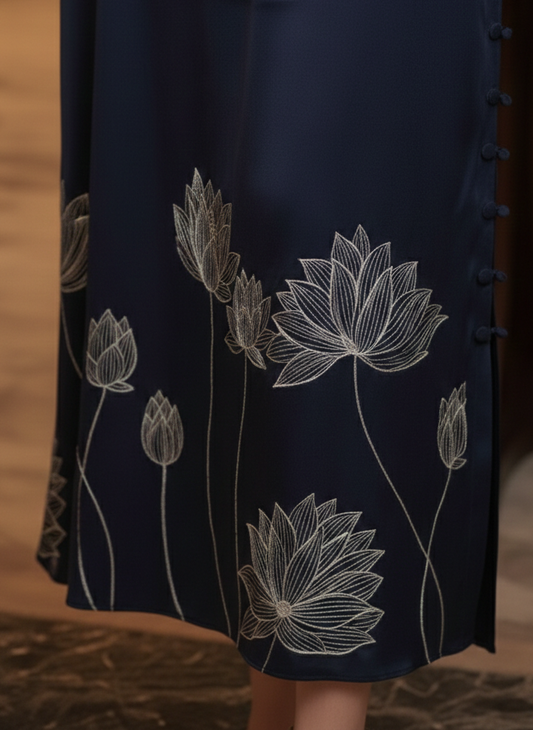 Close-up of loop detail in navy bamboo fabric dress, minimal elegant design
