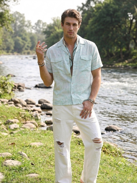Mint Hawaiian shirt in rose fabric by Moon N Lotus, lightweight breathable summer shirt for men