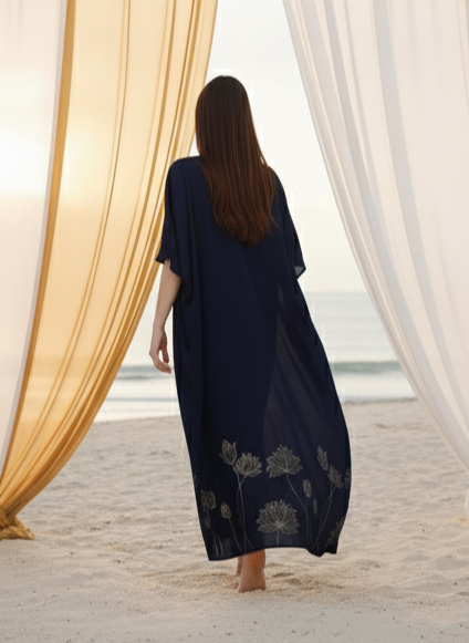 Back view of navy kaftan, lightweight breathable orange fabric Moon N Lotus