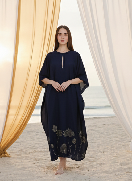 Navy floral kaftan styled for women, elegant resort and festive look Moon N Lotus