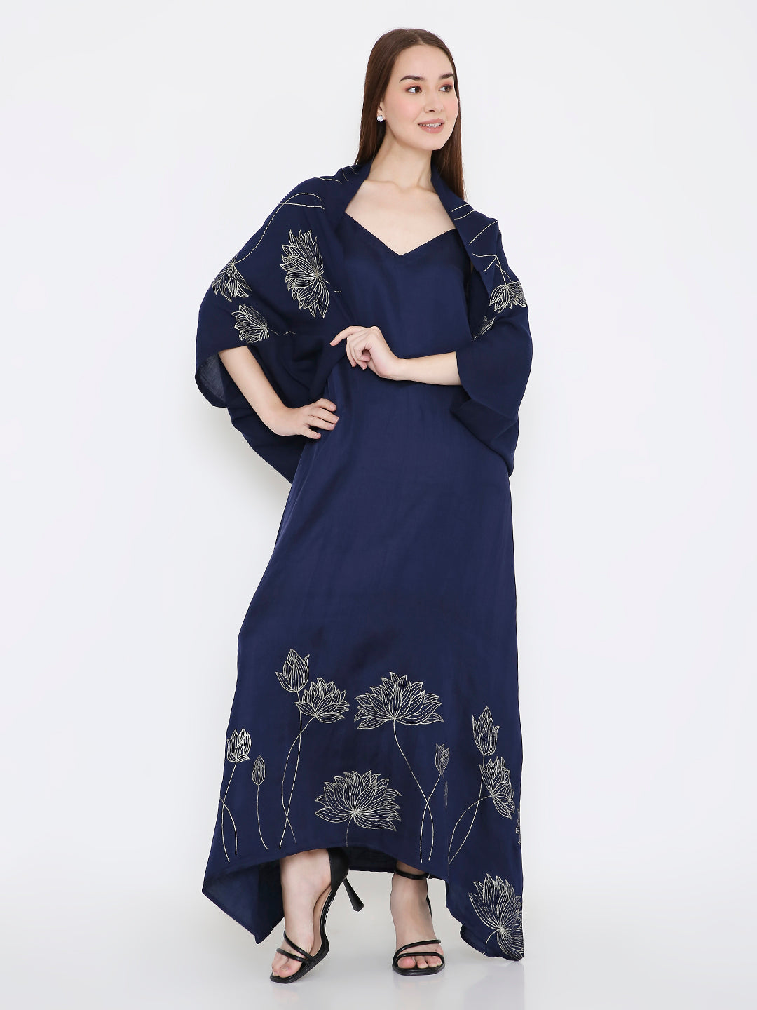 Front view of navy shrug for women, lightweight zero waste design Moon N Lotus
