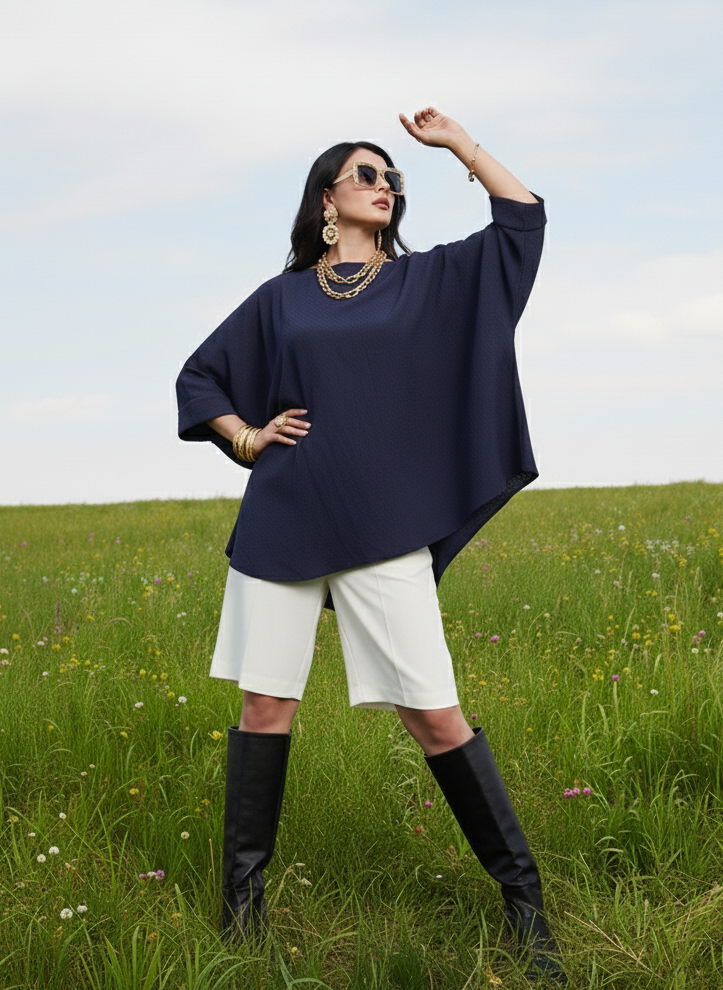 Front view of navy asymmetrical top, minimal modern silhouette Moon N Lotus