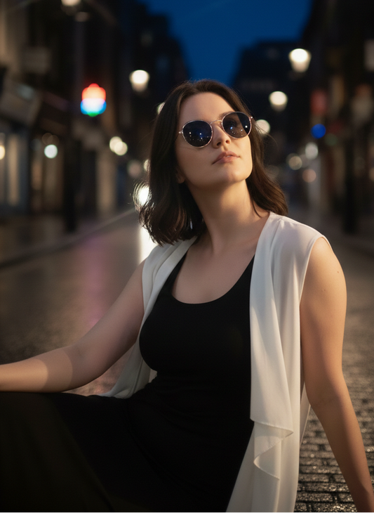 Close-up of sleeveless white shrug design, minimal modern layering piece Moon N Lotus