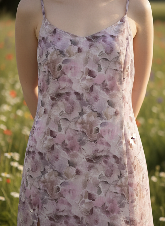Close-up of multi-slit design on pink printed dress, unique flowing silhouette Moon N Lotus