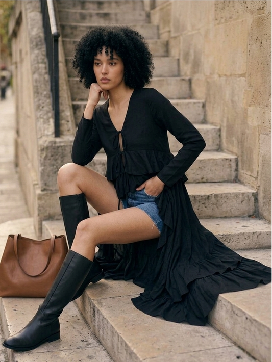 Styled black high low frill top outfit, modern statement fashion Moon N Lotus
