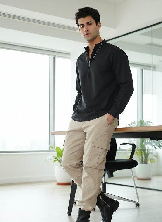 Close-up of front zipper on black kurta, modern functional design Moon N Lotus