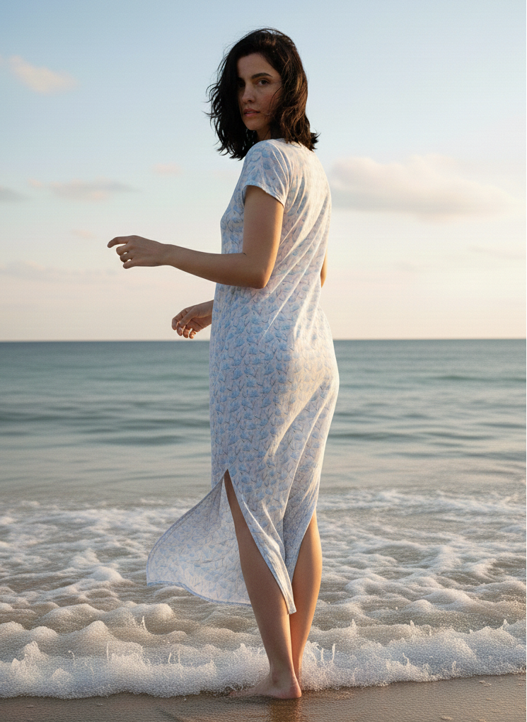 Woman in a flowy blue patterned maxi dress standing at the ocean's edge