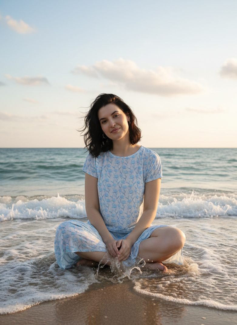 Woman sitting in ocean waves wearing a blue floral long dress by Moon N Lotus