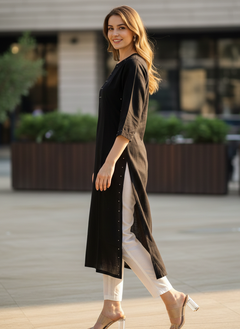 Aline kurta dress I Rose Fabric I Black I Polka | Moon N Lotus