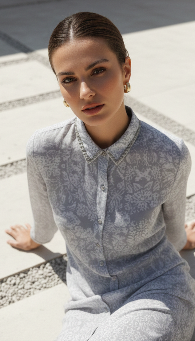 Woman in a light gray patterned outfit sitting on a stone floor.
