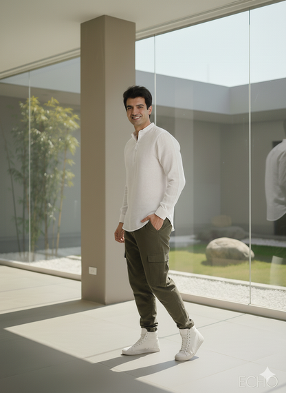 Casual Kurta I 100 % Hemp  fabric I White I Moon N Lotus