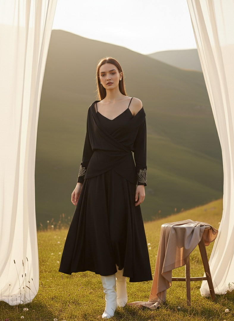 Short Wrap I Rose Fabric I Black I Foiling | Moon N Lotus