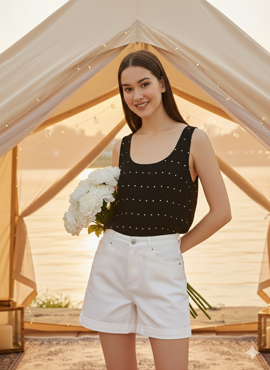 Reversible Cami I Rose Fabric I Black I Plain & Polka | Moon N Lotus