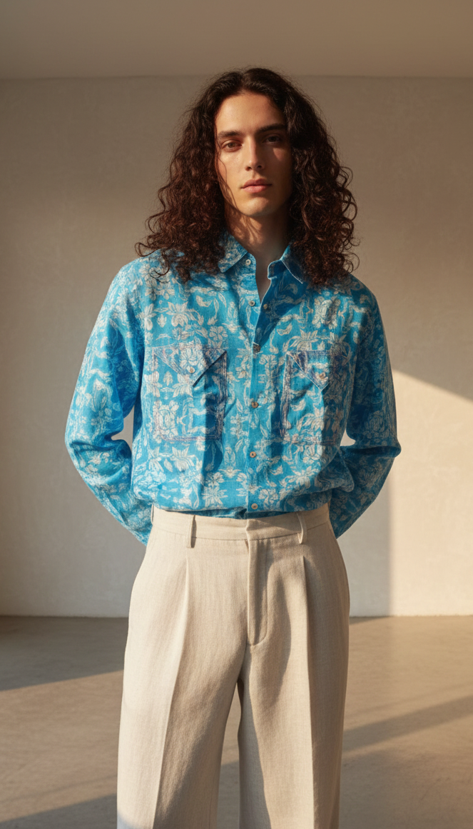 Person wearing a blue floral shirt and beige pants in a minimal indoor setting