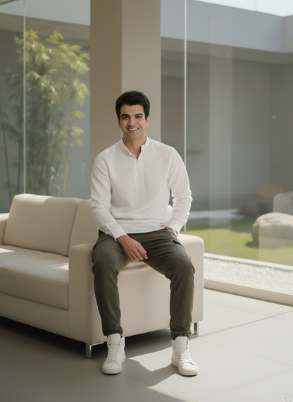 Casual Kurta I 100 % Hemp  fabric I White I Moon N Lotus