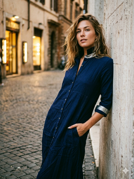 Navy Buttondown Shirt Dress | Corn Fabric | Moon N Lotus
