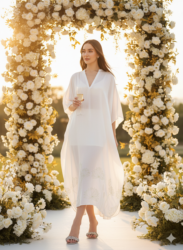 Kaftan I Bamboo Fabric I White I Floral Foil | Moon N Lotus