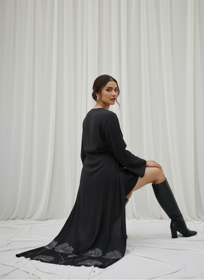 High Low Kimono Wrap I Rose Fabric I Black I Floral Foil | Moon N Lotus