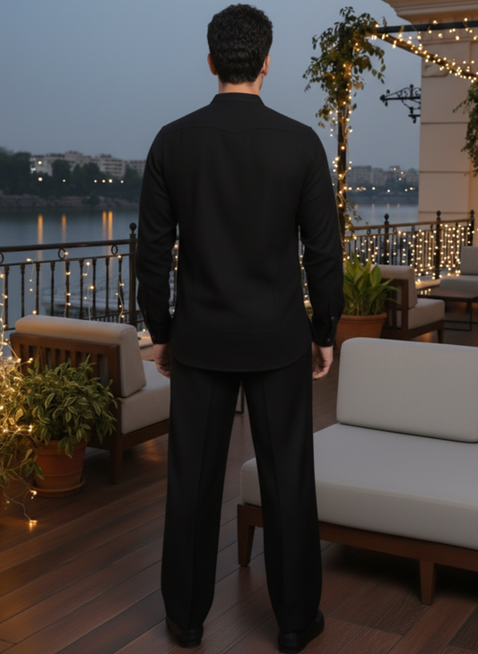 Asian Collar Shirt I Orange Fabric I Black Shirt I Moon N Lotus