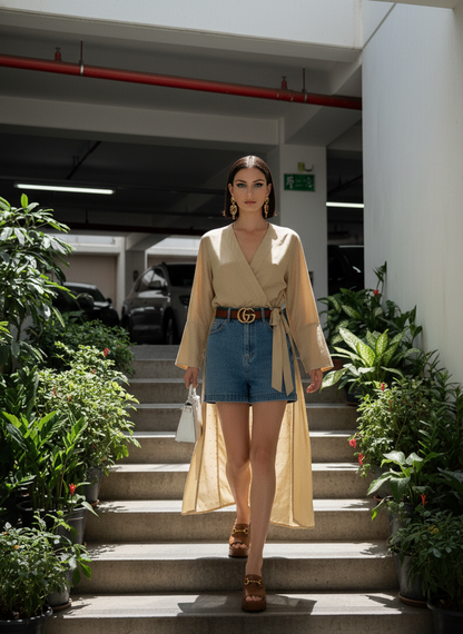 High Low Kimono Wrap I Rose Fabric I Gold I Floral Foil | Moon N Lotus