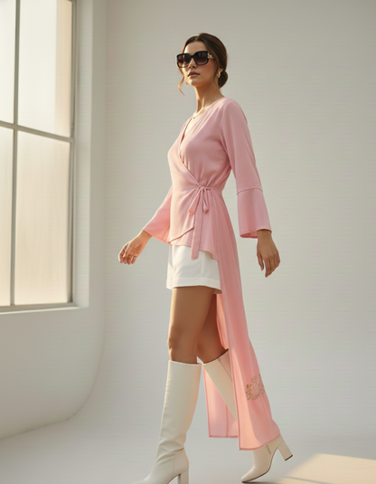 High Low Kimono Wrap I Rose Fabric I Pink I Floral Foil | Moon N Lotus