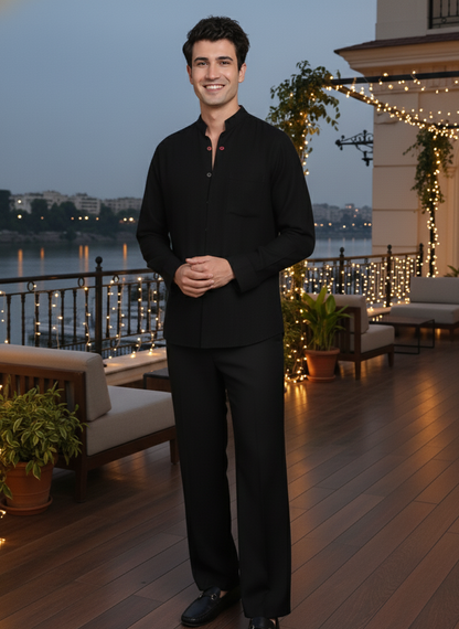 Asian Collar Shirt I Orange Fabric I Black Shirt I Moon N Lotus