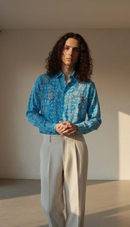 Oversized shirt | 100% Hemp Fabric |Blue floral Print | Moon N Lotus