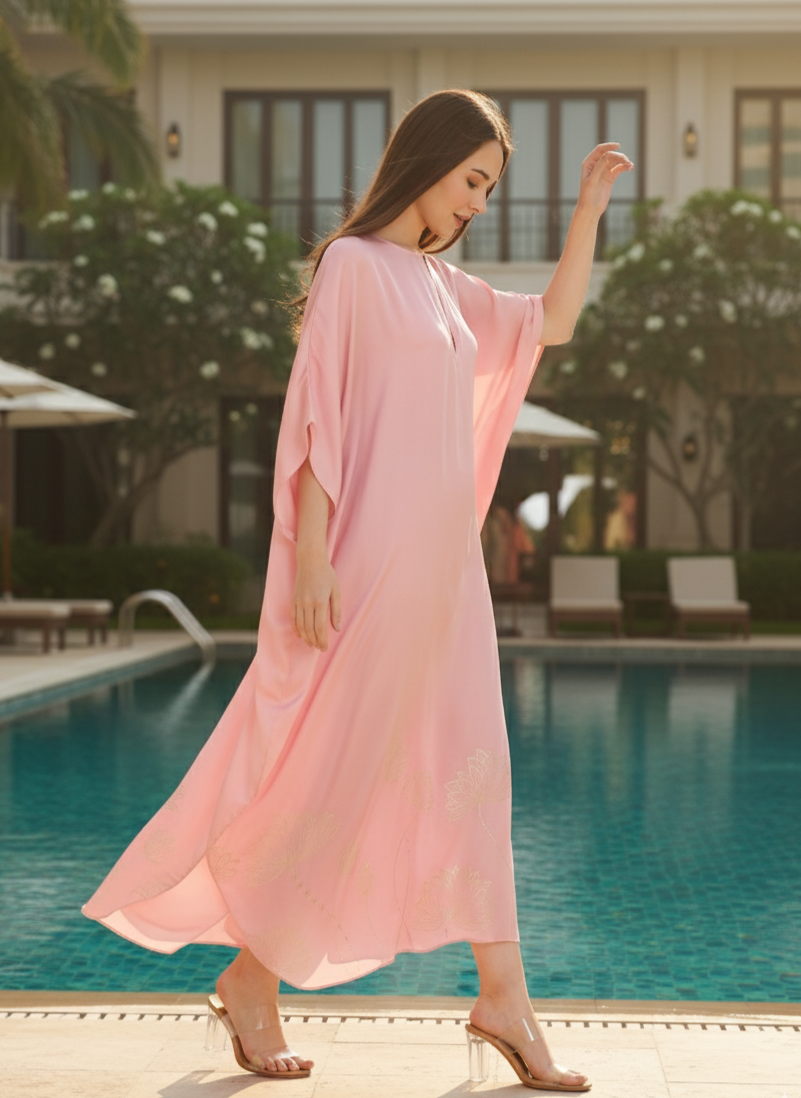 Kaftan I Rose Fabric I Pink I Floral Foil | Moon N Lotus