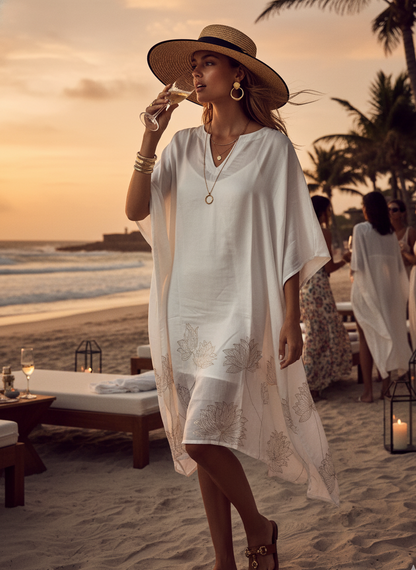 Mid Kaftan I Bamboo Fabric I White I Floral Foil | Moon N Lotus